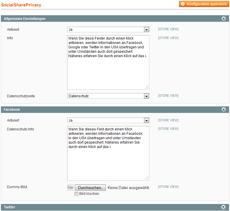 Das SocialShare Privacy Magento-Modul verfügt über eine komfortable Konfiguration im Backend SocialSharePrivacy Backend