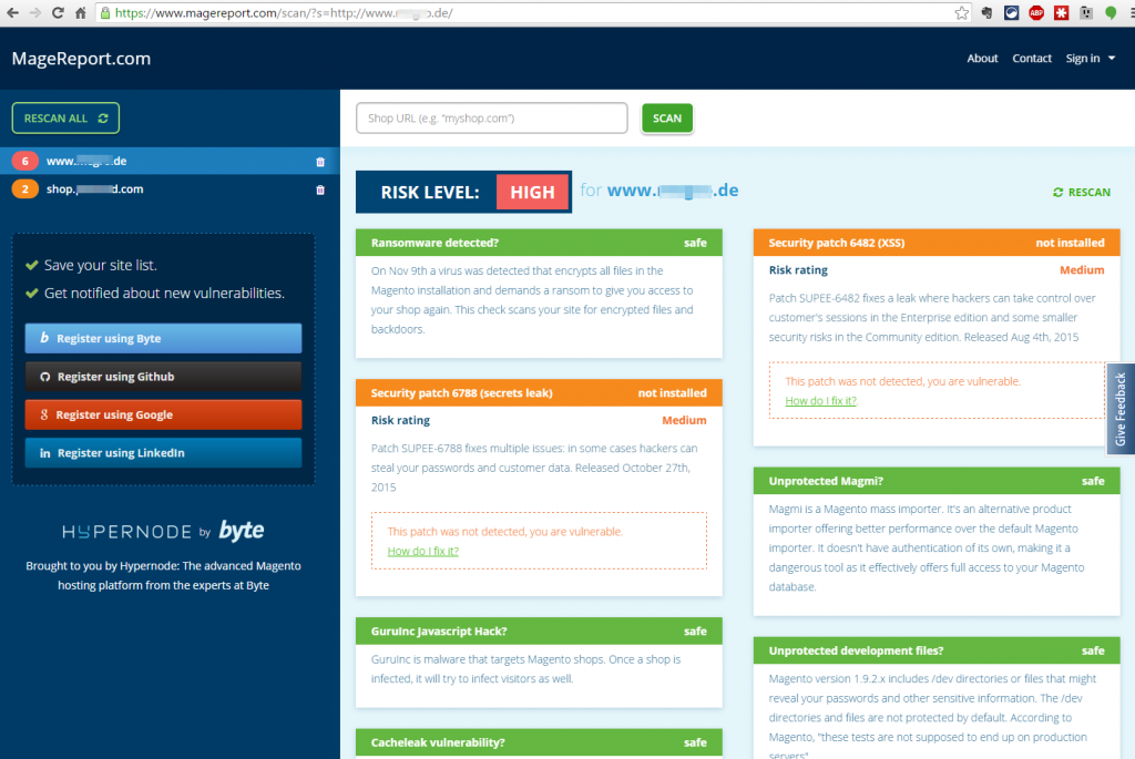 Sicherheitsstatus von Magento Shop prüfen mit MageReport