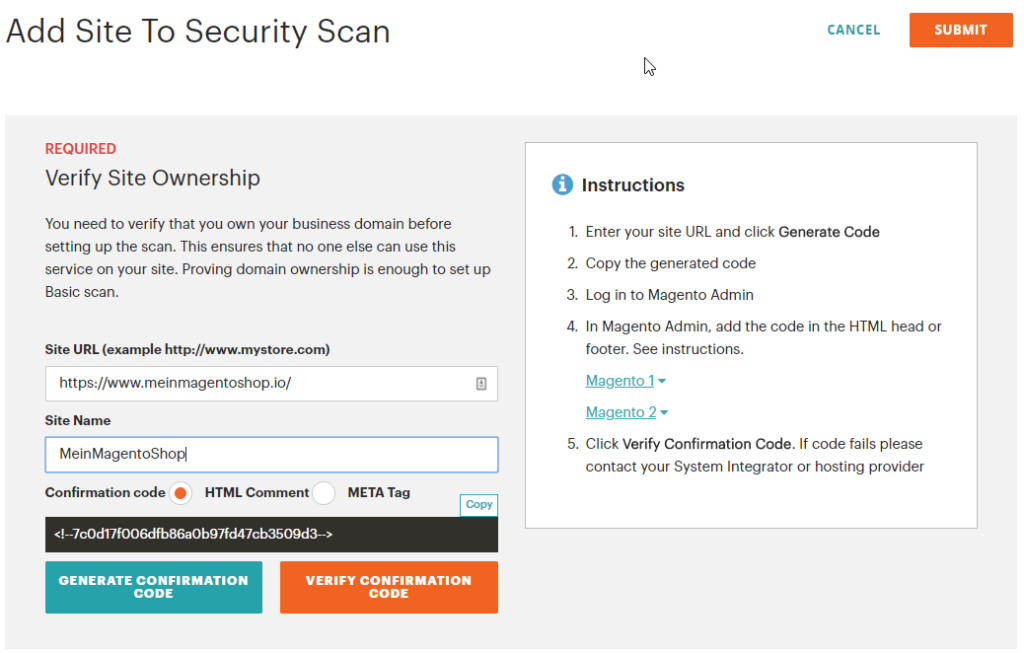 Magento Backend add site to security scan