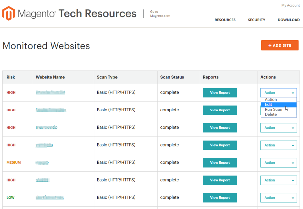 Magento Security Scanner Dashboard Monitored Websites